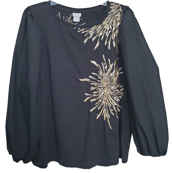 Chico's Black Jersey Knit Poplin Sleeve Gold Sequined Fireworks Blouse Sz 3 (XL) - Picture 1 of 8